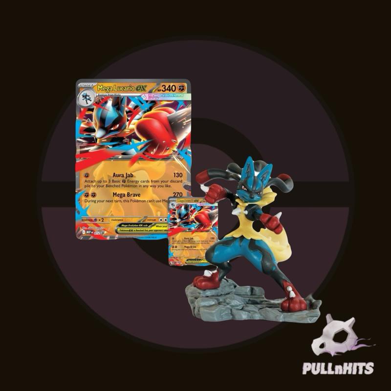 Mega Lucario Figure Collection Box — Five Packs, Jumbo and Regular Promo, and Figurine Pokémon Trading Card Game TCG